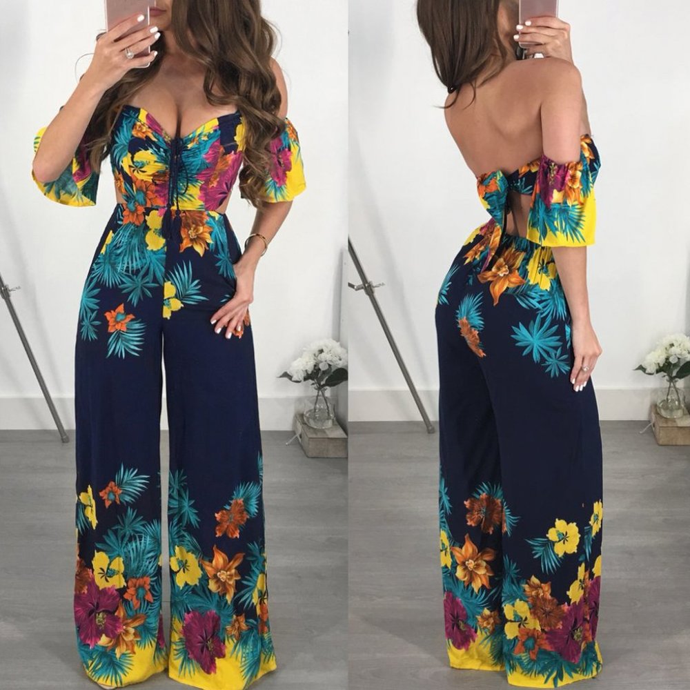 Women Off Shoulder Backless Summer Jumpsuit size S